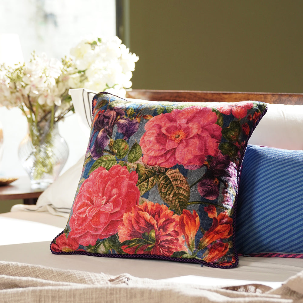 Blue Floral & Check Print Velvet Cushion Cover