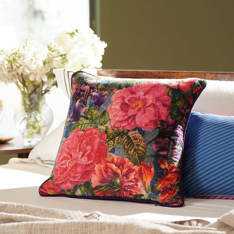 Blue Floral & Check Print Velvet Cushion Cover
