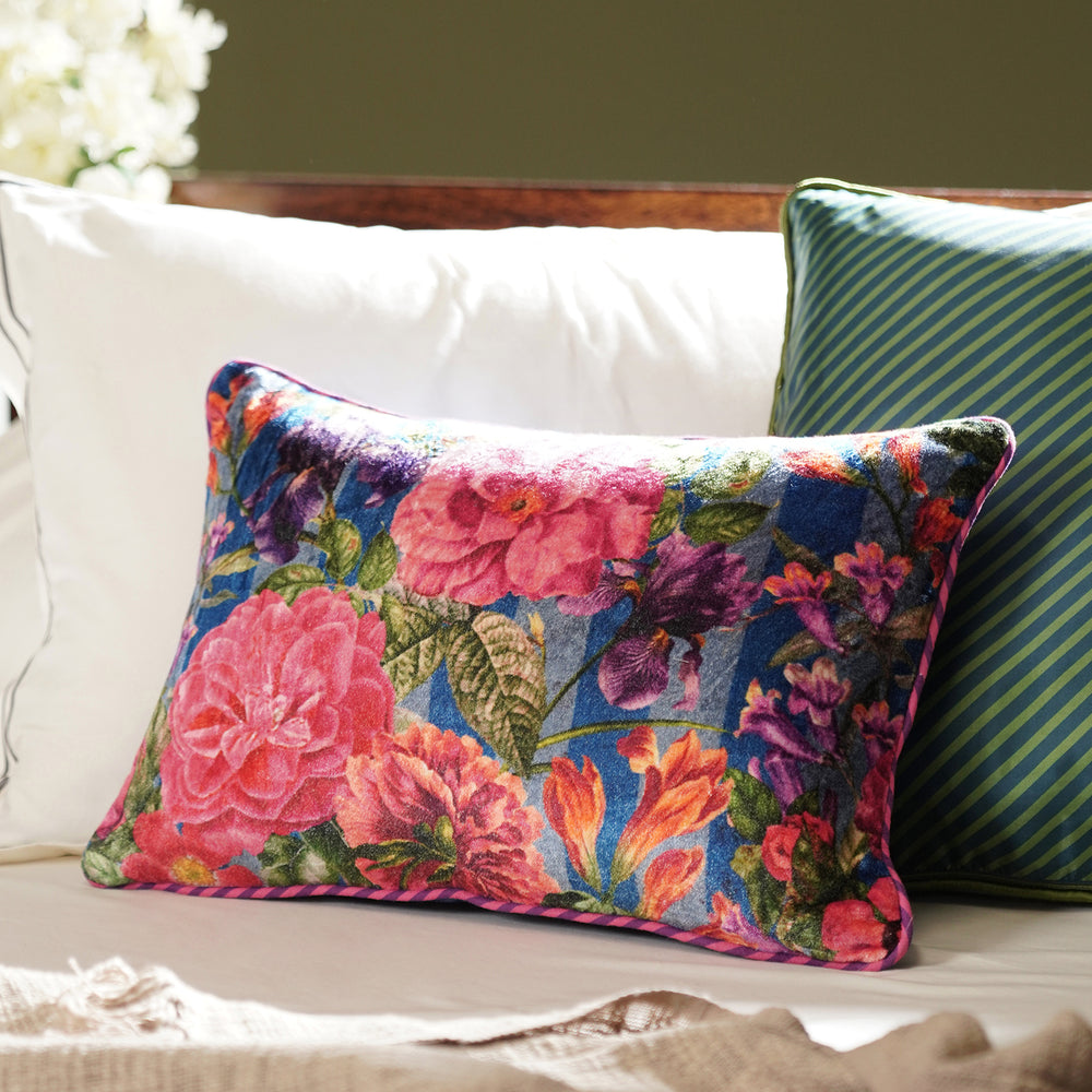 Blue Floral & Stripe Print Velvet Cushion Cover