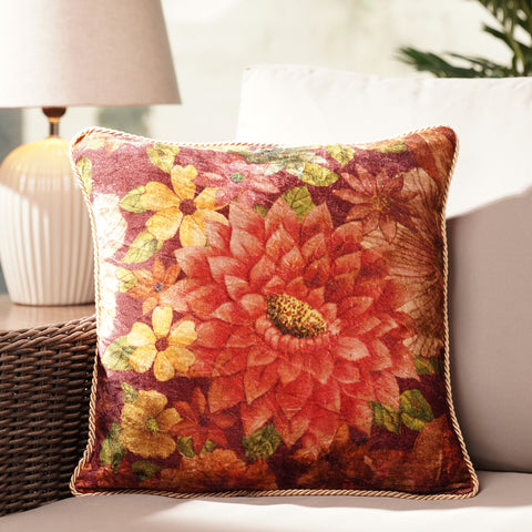 Brown Floral & Stripe Print Velvet Cushion Cover