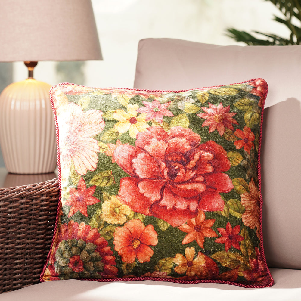 Brown Floral & Geometric Print Velvet Square Cushion Cover