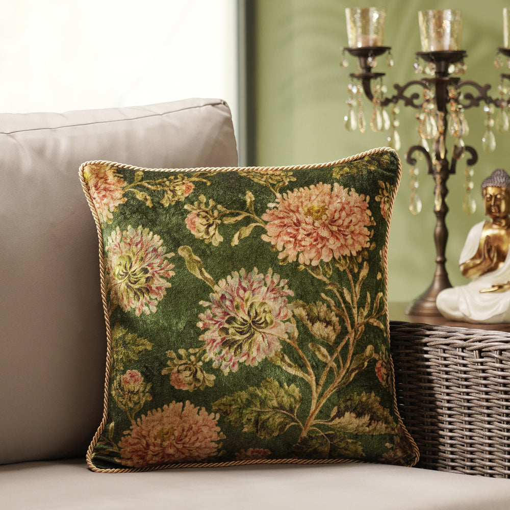 Green Floral & Stripe Print Velvet Cushion Cover