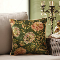 Green Floral & Stripe Print Velvet Cushion Cover