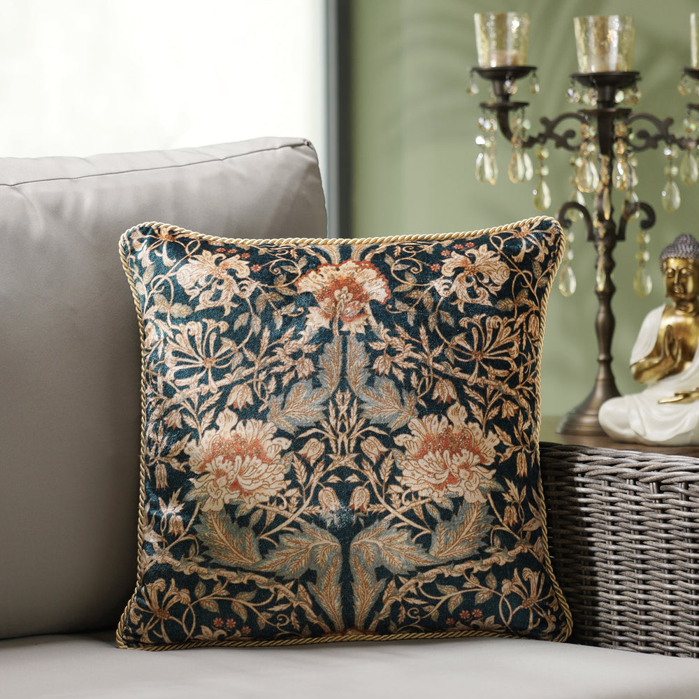 Blue Floral & Stripe Print Velvet Cushion Cover