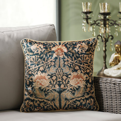 Blue Floral & Stripe Print Velvet Cushion Cover