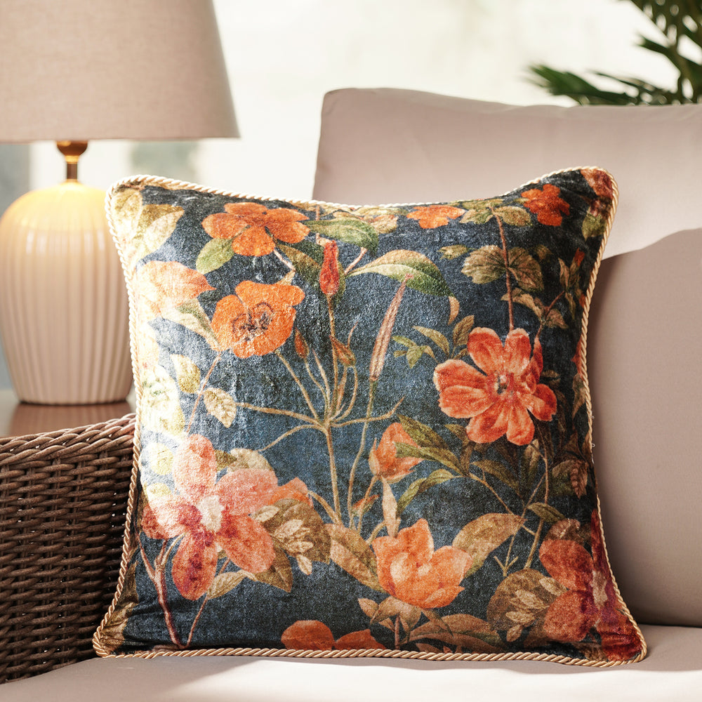 Blue Floral Print Velvet Square Cushion Cover