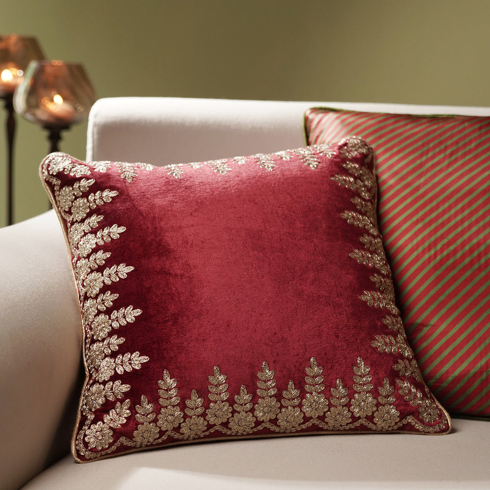 Red Zari Embroidered Square Cushion Cover
