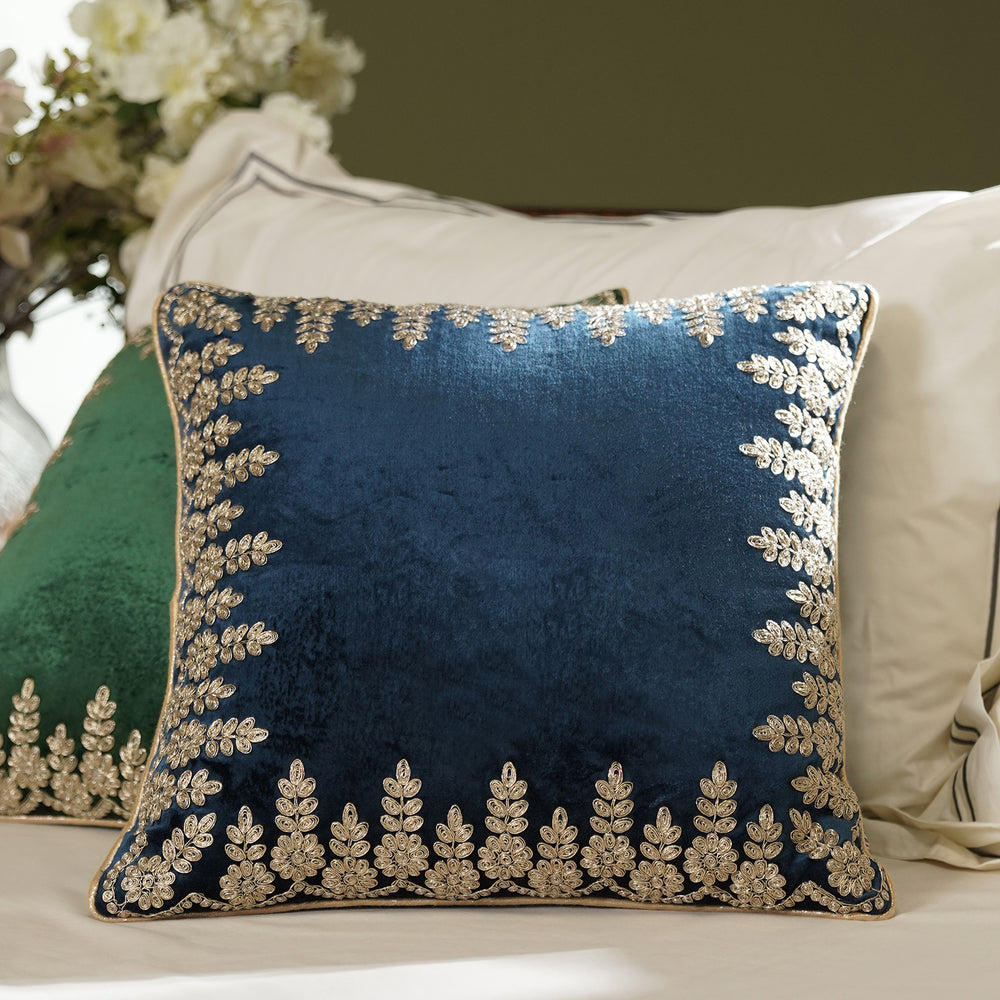 Blue Zari Embroidered Square Velvet Cushion Cover