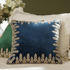 Blue Zari Embroidered Square Velvet Cushion Cover