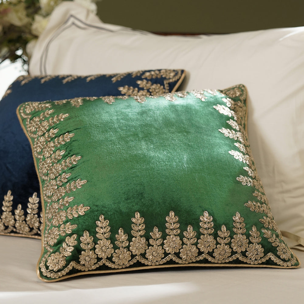 Green Zari Embroidered Velvet Square Cushion Cover