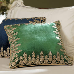 Green Zari Embroidered Velvet Square Cushion Cover