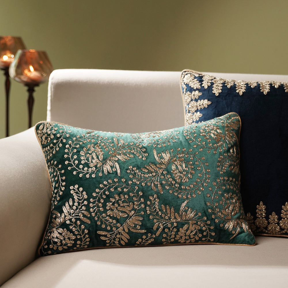Teal Zari Embroidered Velvet Rectangle Cushion Cover
