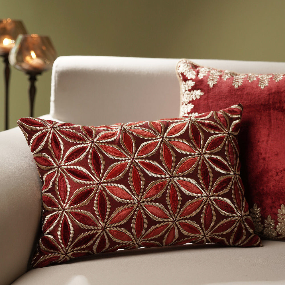 Red Applique Work Rectangle Cushion Cover