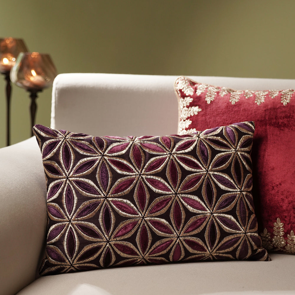 Purple Applique Work Rectangle Cushion Cover