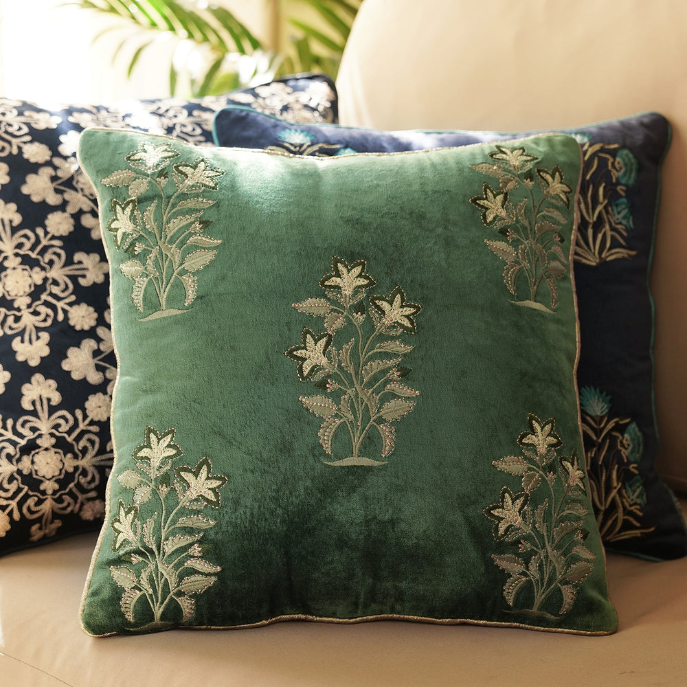 Green Floral Embroidery Velvet Cushion Cover