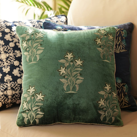 Green Floral Embroidery Velvet Cushion Cover