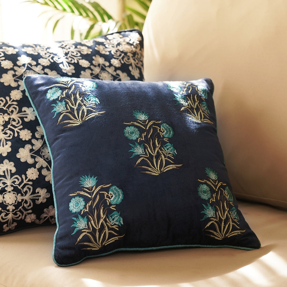 Blue Floral Embroidery Velvet Cushion Cover