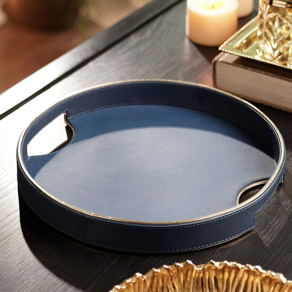 Blue Faux Leather Round Tray - Small