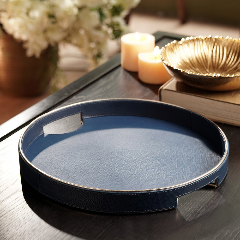 Blue Faux Leather Round Tray - Large