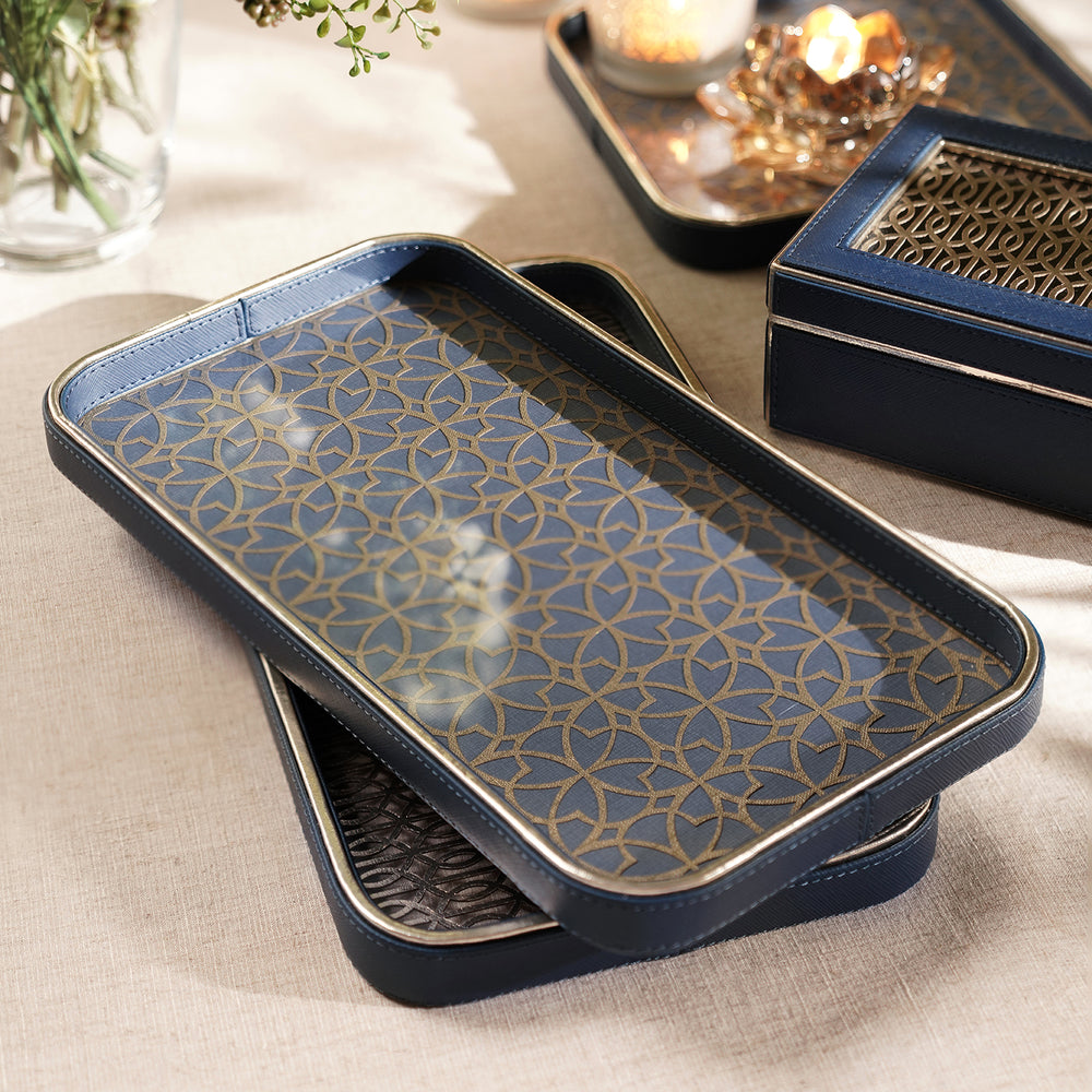Blue Lazer Cut Faux Leather Rectangle Platter - Small