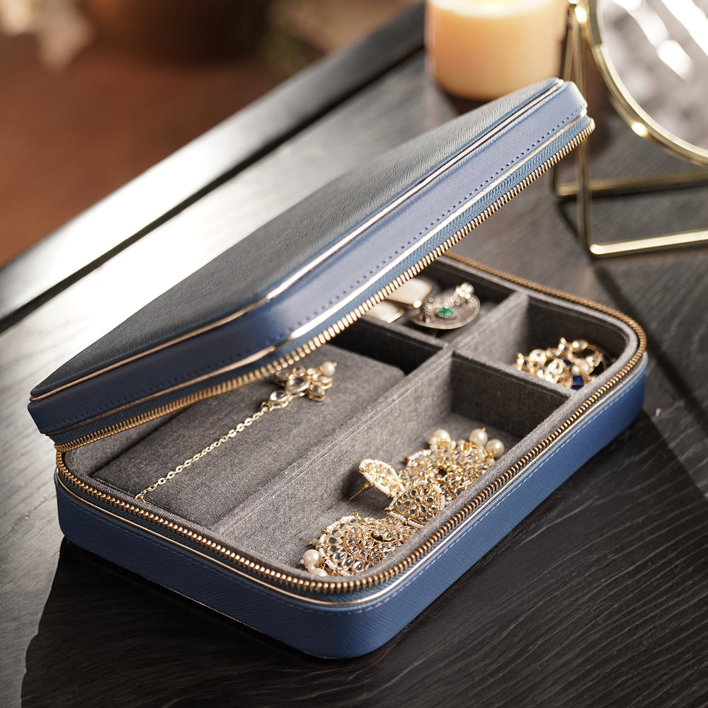 Blue Faux Leather Rectangle Travel Jewellery Box