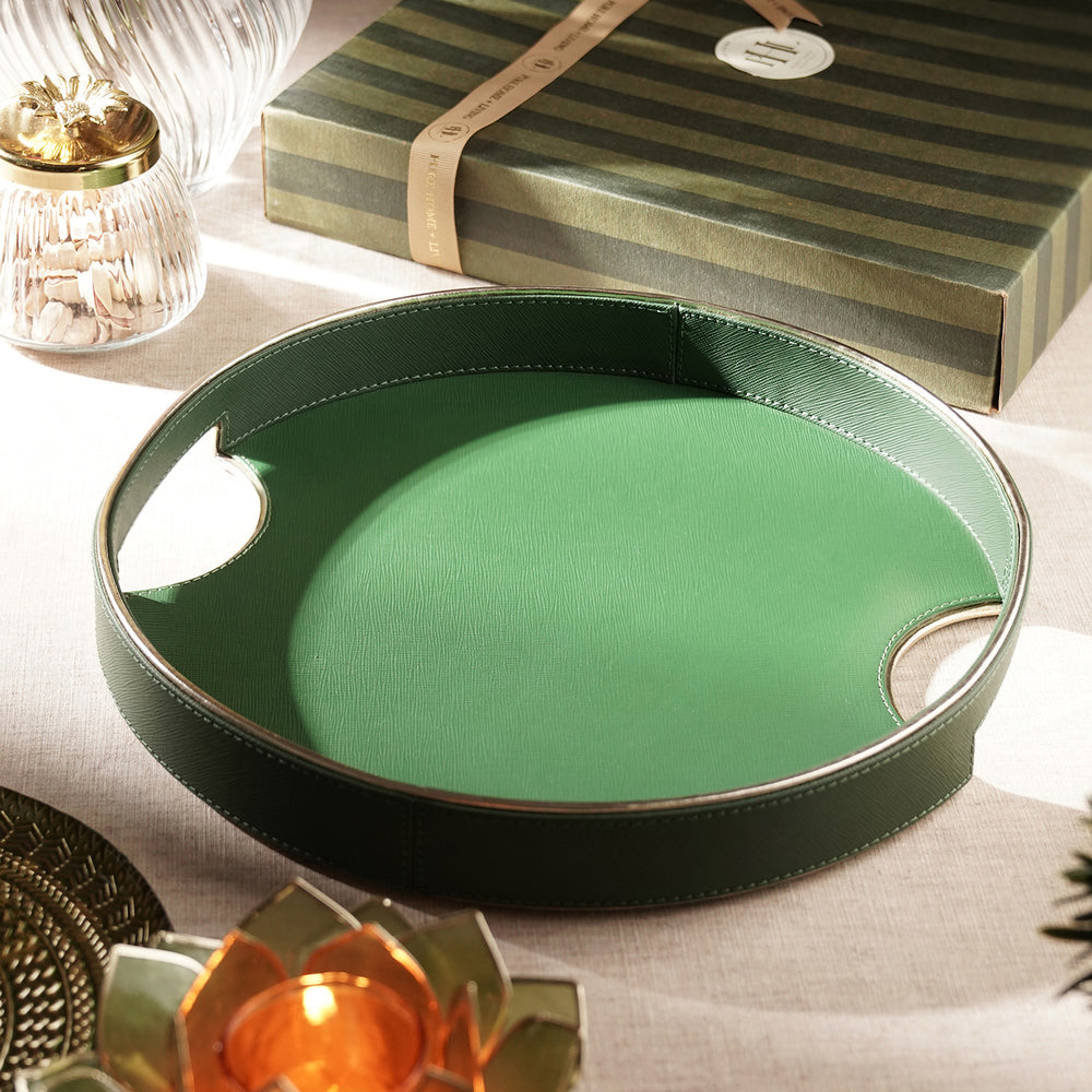 Green Faux Leather Round Tray - Small