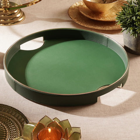 Green Faux Leather Round Tray - Large