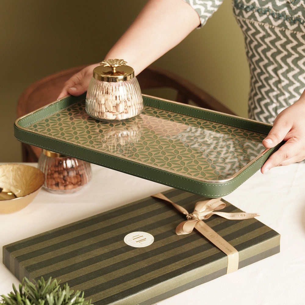 Green Lazer Cut Faux Leather Rectangle Platter - Large