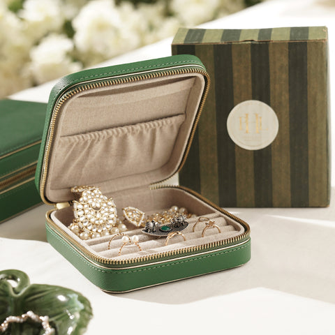 Green Square Faux Leather Travel Jewellery Box