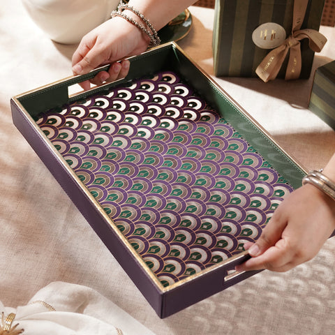 Purple & Green Printed Glass Faux Leather Tray - Large