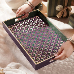 Purple & Green Printed Glass Faux Leather Tray - Large
