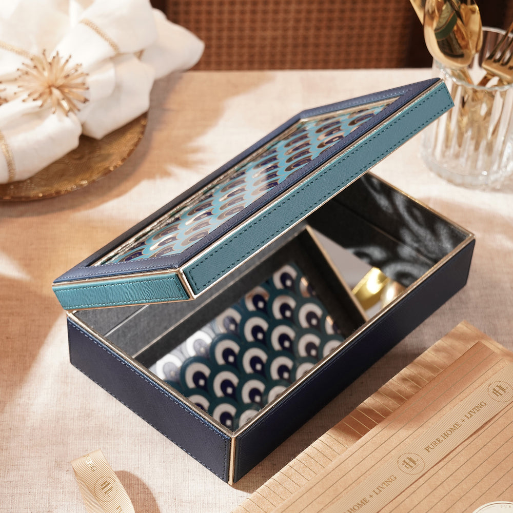 Blue & Teal Dual Tone Printed Glass Faux Leather Box