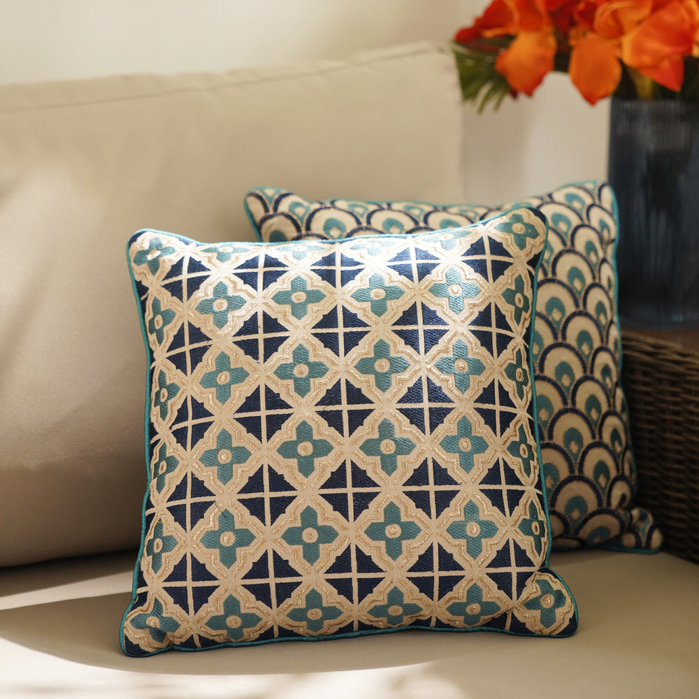 Teal Geometric Print Square Cushion Cover