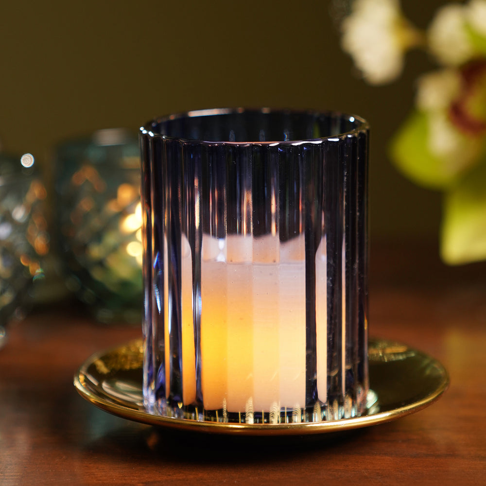 Blue Textured Glass Candle Holder with Base