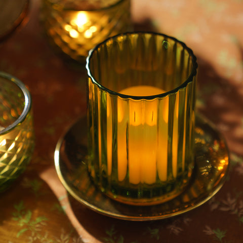Green Textured Glass Candle Holder with Base