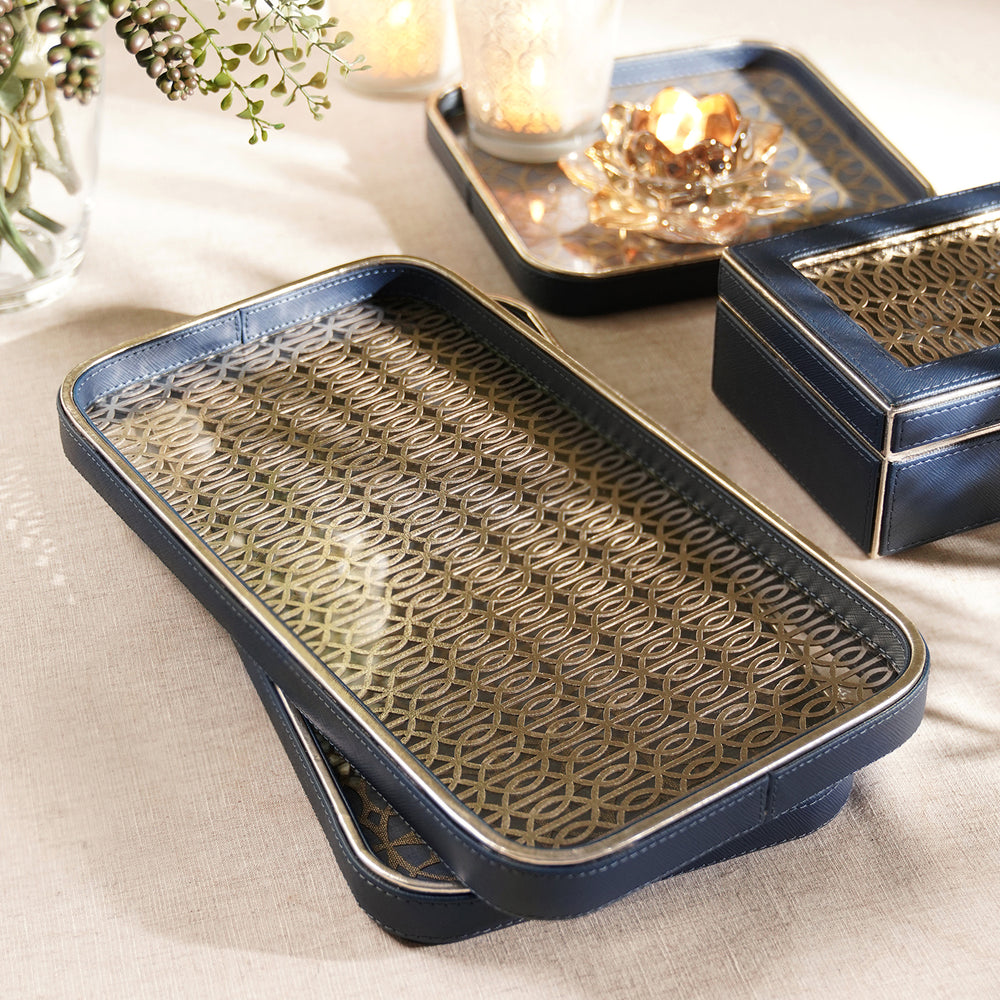 Blue Lazer Cut Faux Leather Rectangle Platter - Small