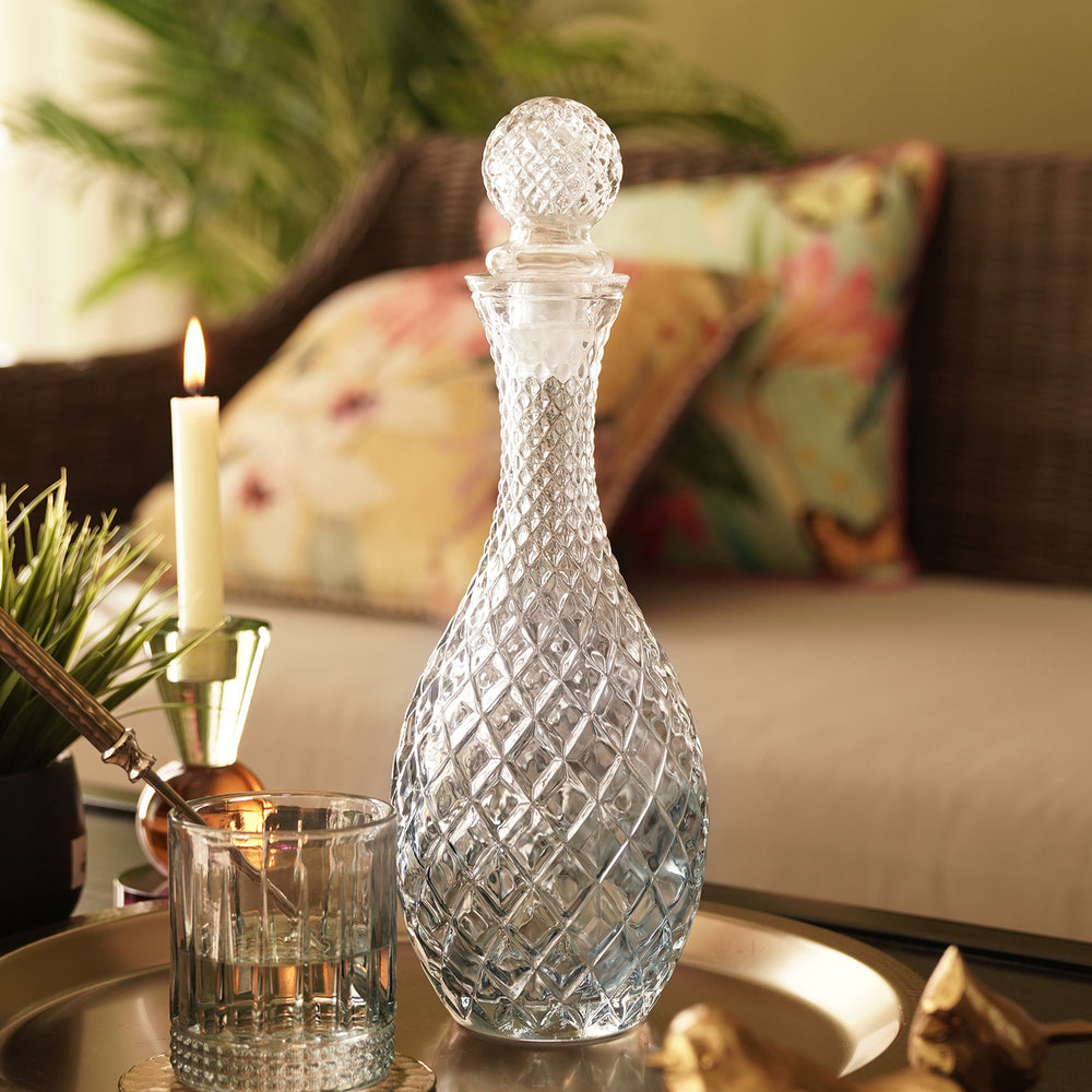 Light Blue Diamond Textured Tall Glass Whiskey Decanter