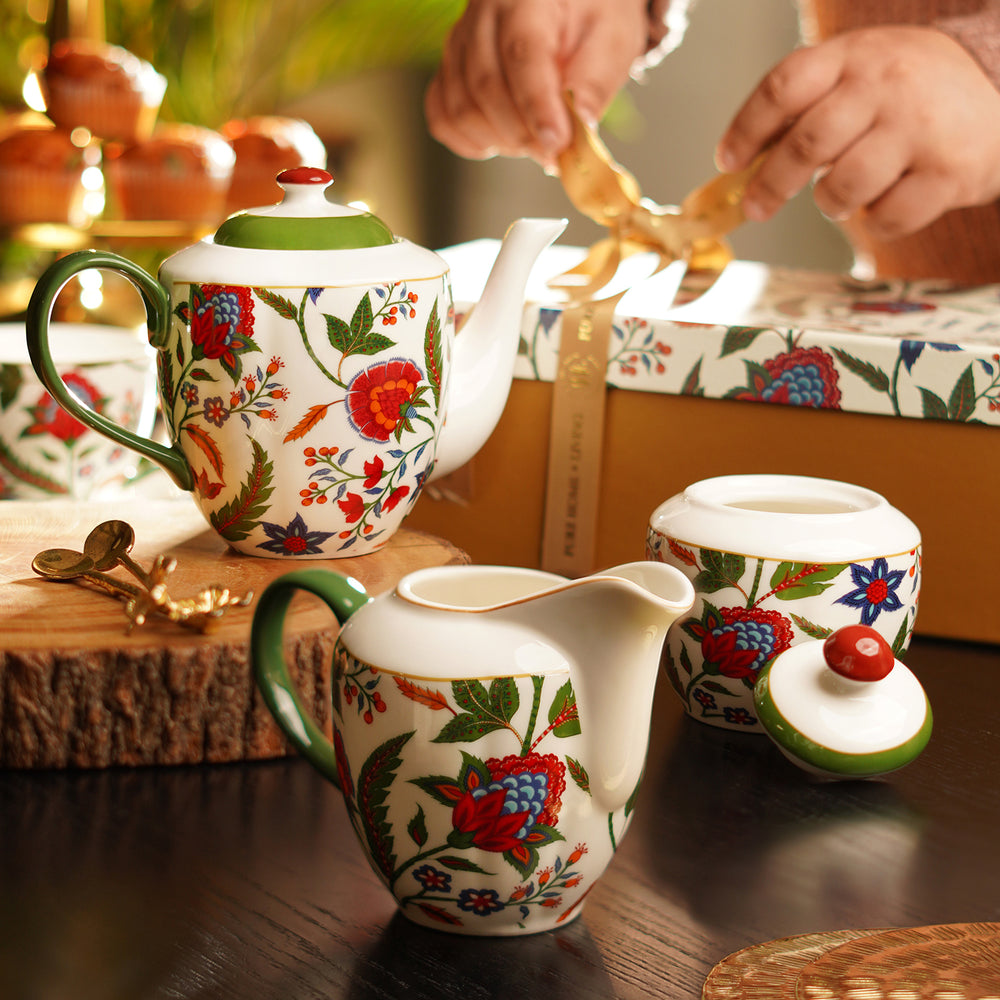 Multicoloured Bone China Floral Pattern Tea Set