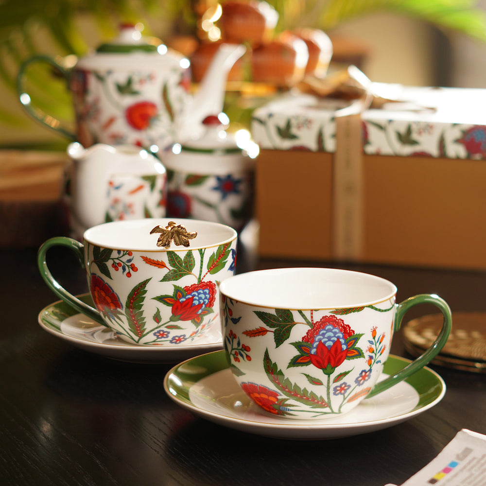 Set Of 2 Multicoloured Bone China Tea Cups & Saucers