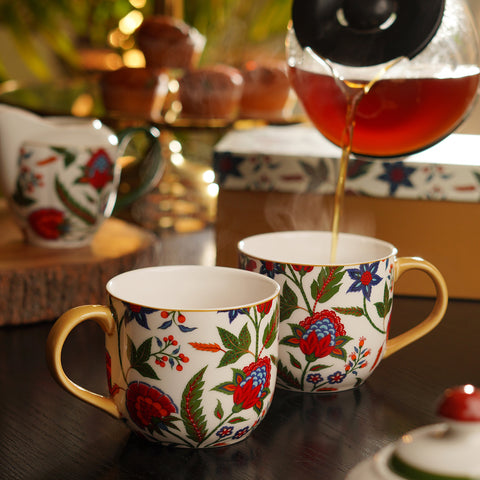 Set Of 2 Multicoloured Bone China Floral Coffee Mugs