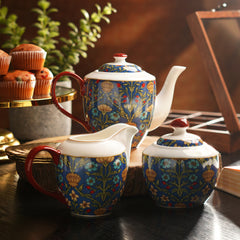 Blue & Red Bone China Floral Pattern Tea Set