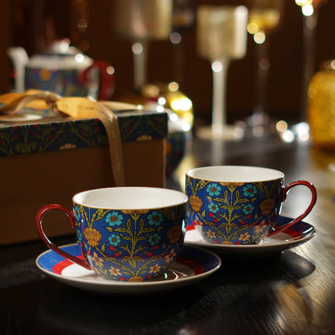 Set Of 2 Blue & Red Bone China Floral Tea Cups & Saucers