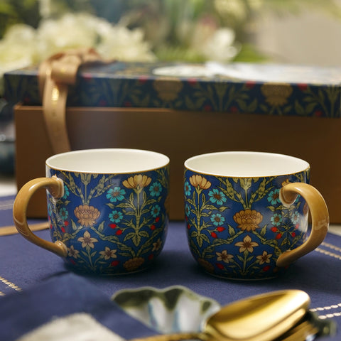 Set of 2 Blue & Red Bone China Floral Pattern Coffee Mugs
