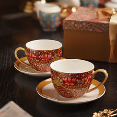 Set Of 2 Burgundy Bone China Floral Tea Cups & Saucers