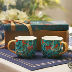 Set of 2 Teal Bone China Floral Pattern Coffee Mugs
