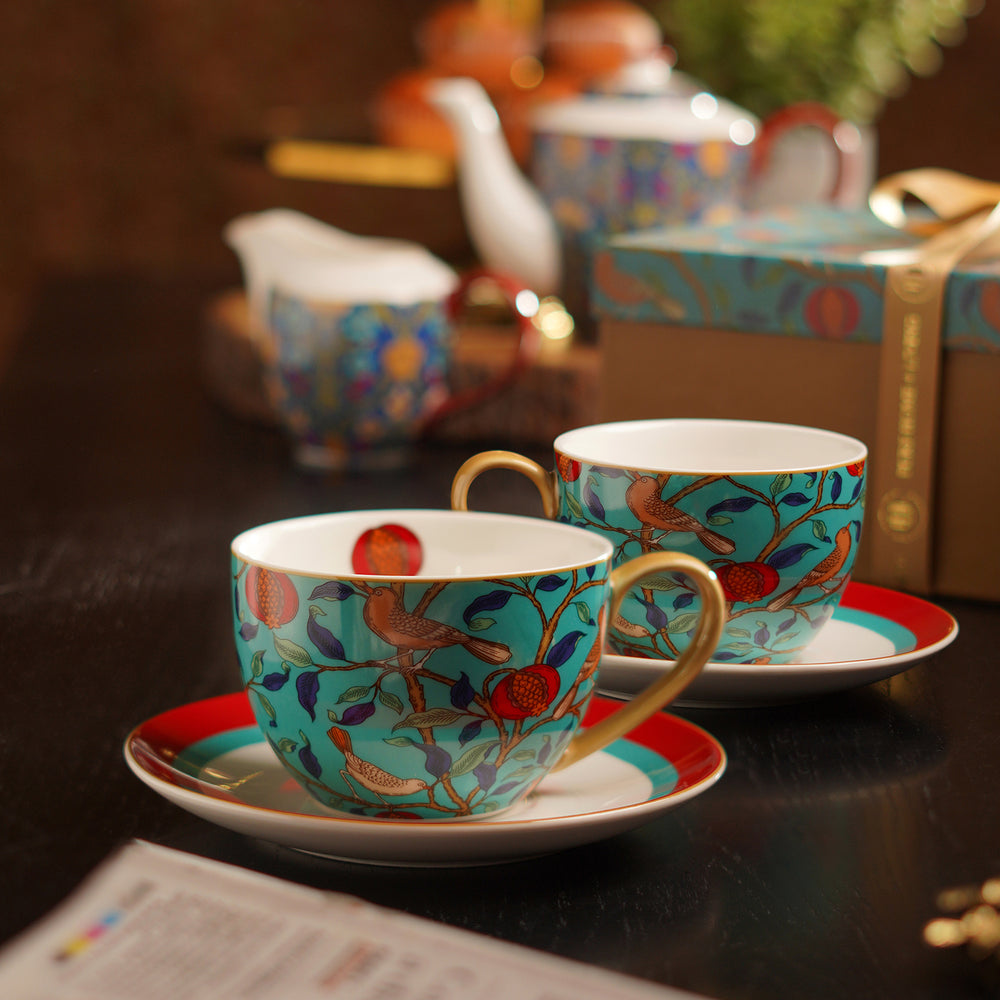 Set of 2 Teal Bone China Floral Pattern Tea Cups & Saucers