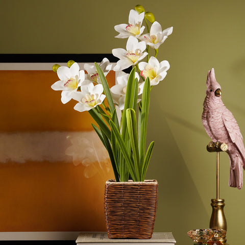 Ivory Artificial Cymbidium in Rattan Pot