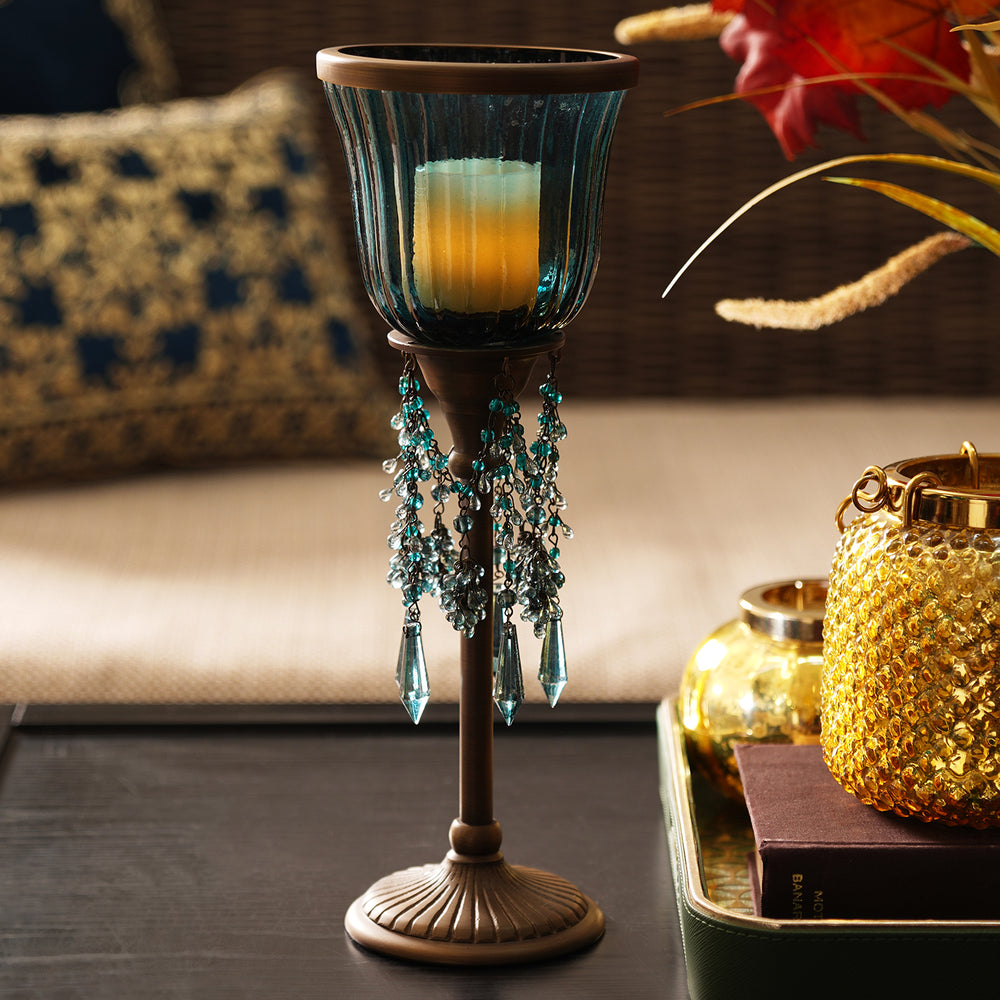 Blue Votive Candle Holder with Stand & Hanging Crystals
