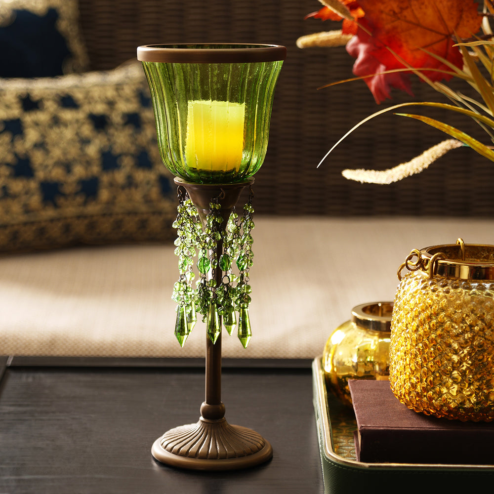 Green Votive Candle Holder with Stand & Crystals - Small