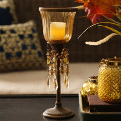 Amber Votive Candle Holder with Stand & Crystals - Small
